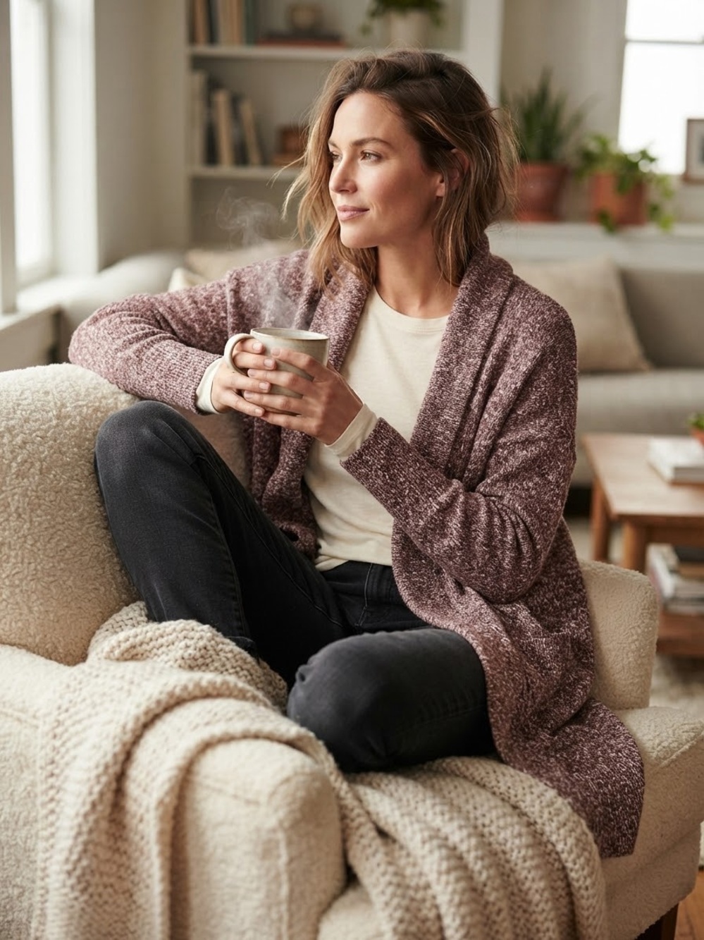 Eddie Bauer Open-Front Cardigan in Dusty Mauve Blend
